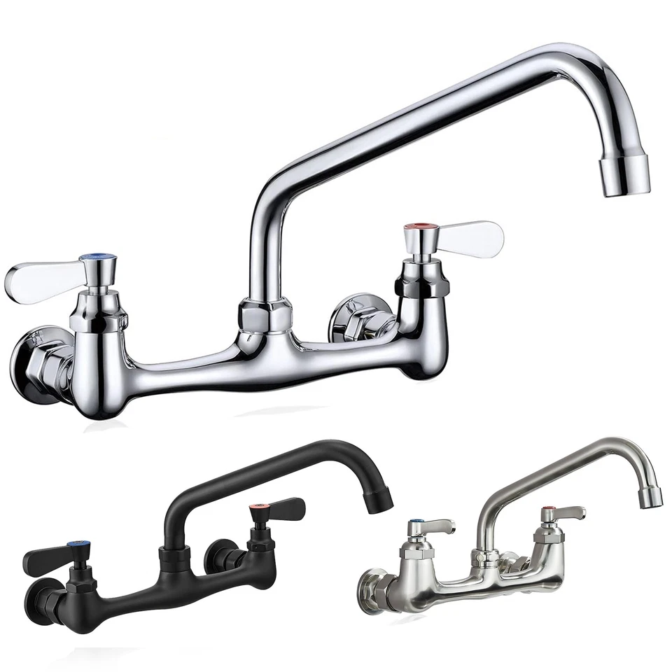 Commercial Kitchen Faucet 2 Handle 8 Inch Center Wall Mounted Swivel Sink Mixer - Image 1 of 1