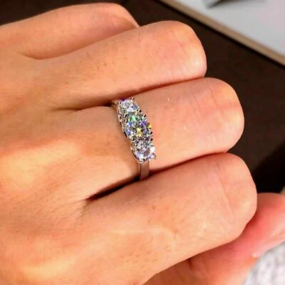 2Ct White Round Moissanite Solid 14K White Gold Three Stone Engagement Ring - Image 1 of 4