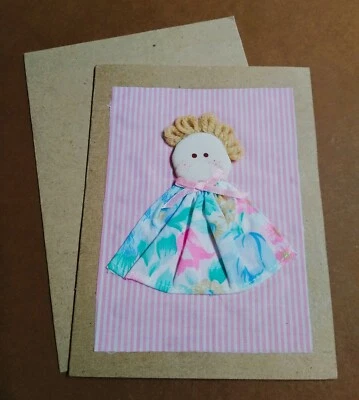 Fabric Doll Greeting Card Blank All Occasion Pink Stripes Floral Dress Yarn Hair - Image 1 of 4