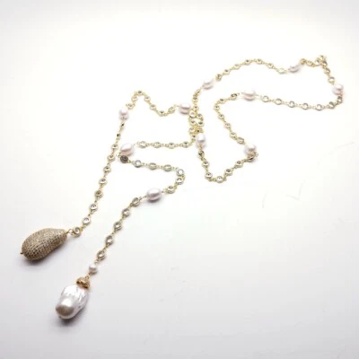 Colar longo 47" 7mm pérola barroca branca Cz pavê corrente rosário laço - Imagem 1 de 4