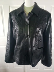 Chicos Cutwork Faux Leather Jacket Sz 12 Blck New - Picture 1 of 23
