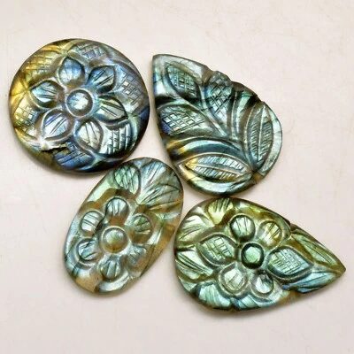 4Pcs 82Cts Natural Labradorite Carving Loose Gemstone Lot 30x20 25x13mm #R-13627 - Image 1 of 4