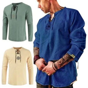 Mens Medieval Viking Piracy Lace Up Tunic Tops Shirt Retro Jumper Costume Blouse - Picture 1 of 28