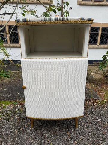 Vintage Mid Century Loom Style Painted Wicker/Woven Bedside Cabinet Atomic Legs Cover