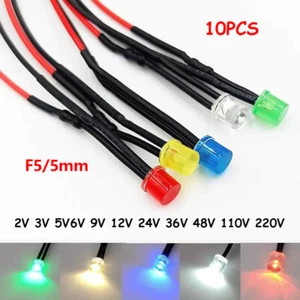 Diodo emisor de luz LED de cabeza plana F5/5 mm 2V 3V 6V 9V 12V 24V-220V precableado 20 cm - Imagen 1 de 17