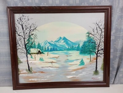 Bob Ross Style Original Oil Painting Mountains And River Signed 18.5 x 22.5 In - Image 1 of 4