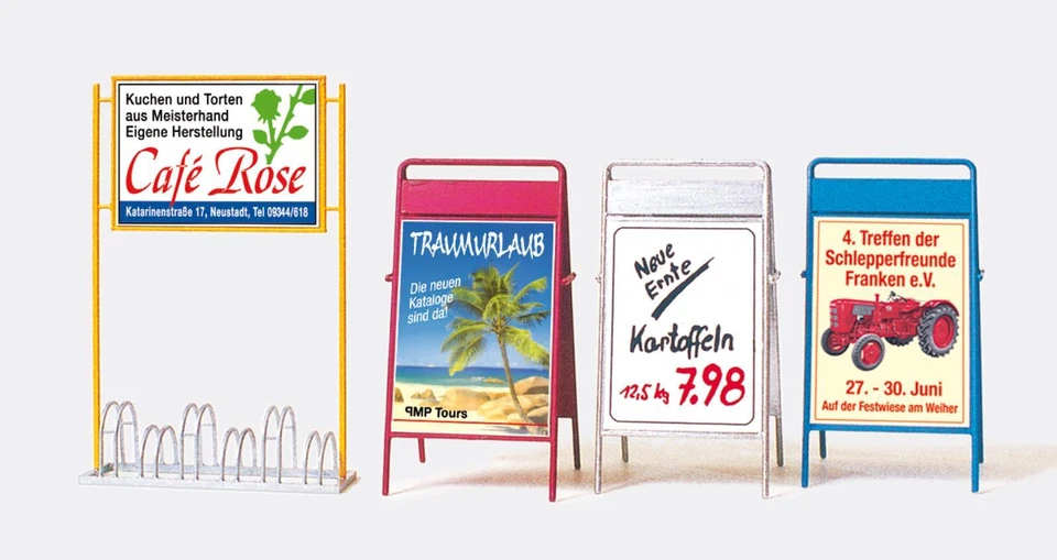 45221 Soporte de bicicleta grande pista G/LGB Preiser, vallas publicitarias. Kit, 1:22,5   - Imagen 1 de 1