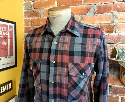 1980s Mens Acrylic Plaid Flannel Shirt Vintage Gray & Burgundy Claybrooke Size M - Image 1 of 4