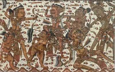 Balinese Mythic Battle Painting — Arjuna and the Serpent Arrow, Mid-Century Kama - Image 1 of 4