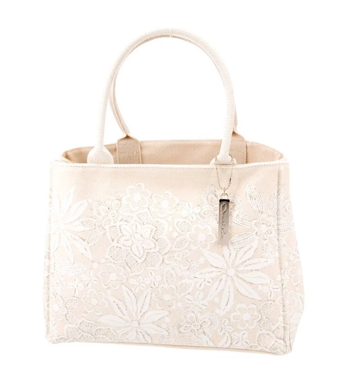 Bonito Bolso de Mano Oscar de La Renta Crudo/Crudo Algodón Lona Talla Mediana Tono Dorado Logo Foto 1 de 4