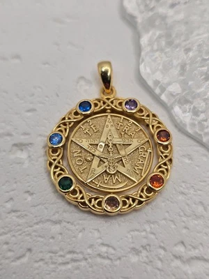 MAGIC CAT Rotatable Pentagram 7 Chakra Tetragrammaton 925 Sterling Silver 18K Gold Pendant