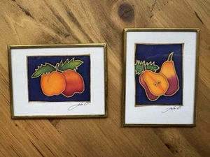 Vintage Brass Framed Art Fruit Set Of 2, Peaches and Pears, Signed Artwork - Picture 1 of 7