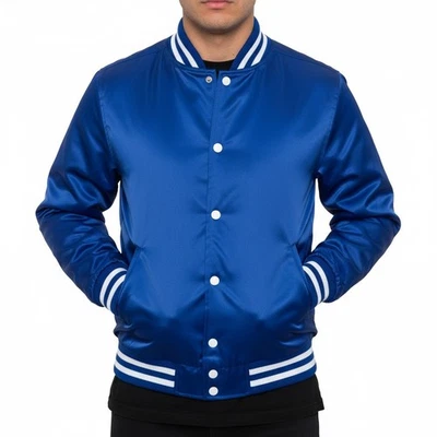 Satin Bomber Jacket Royal Blue White trims Bomber College Retro Varsity Jacket - Image 1 of 2