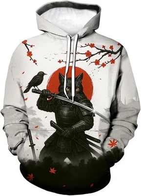 Sudadera con Capucha 3D Gato Samurai Guerrero Japonés Sol Rojo Estilo Anime Pullover Foto 1 de 4
