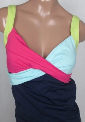 LANDS END Navy/Hot Pink Mix V-Neck Wrap Tankini Top Womens 10 NEW - Image 1 of 4