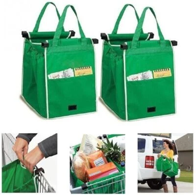 2 x Strong Reusable Supermarket Shopping Trolley Bags Grocery Grab Bags Foldable - Image 1 of 4