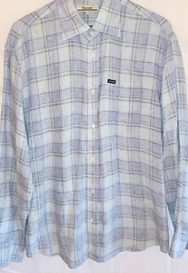 Faconnable Mens Large 100% Linen Long Sleeve Button Front Shirt Plaid Blue - Picture 1 of 11