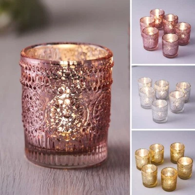 6 pcs 3" Metallic Primrose Design Mercury Glass Votive Candle Holders Wedding - Image 1 of 4