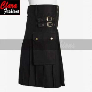 Mens Scottish Black Utility KILT Long BUCKEL KILTS Cotton Halloween Cargo Pocket - Picture 1 of 4