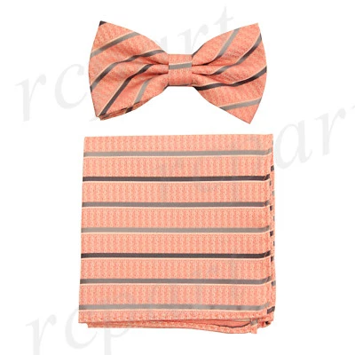 Conjunto de pajarita y pañuelo de microfibra preatado coral a rayas formal boda graduación para hombre Foto 1 de 4