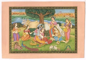 Pintura de Radha Krishna de escena de amor indio arte gouache sobre papel 12x8,5 pulgadas - Imagen 1 de 7