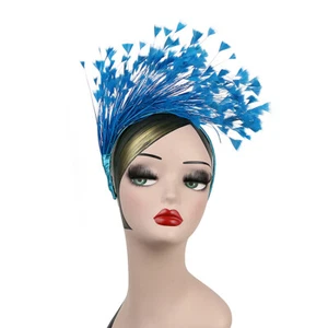 TURQUOISE FEATHER FASCINATOR/CROWN/TIARA ON SATIN HEADBAND SPRING RACES,WEDDING  - Picture 1 of 2