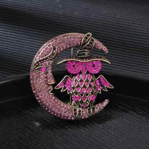 Vintage Retro Moon and Owl Bird Brooch Crystal Rhinestone Party Coat Pin Gift - Picture 1 of 10
