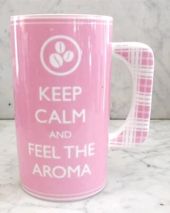 Keep Calm and Feel The Aroma Large Tall Coffee Mug Pink & White Coffee Beans - Picture 1 of 7