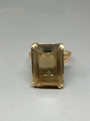 Size 6.5 Woman's 10 Karat Yellow Gold 12.00 Carat Emerald Cut Smokey Topaz Ring - Image 1 of 4
