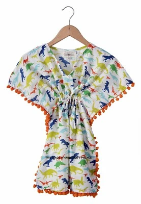 Child Kids Girls Midi Dress Dinosaur Print Kaftan Maxi Indian Cotton Top Gown - Image 1 of 3