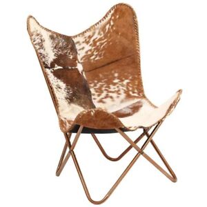 Leather Butterfly Chair Brown & White Genuine Goat Real Leather Cover Arm Chair