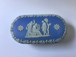 Antique Wedgwood Jasper Ware Blue Wash Oval Trinket Box F Stamp 1903 Rare - Picture 1 of 8