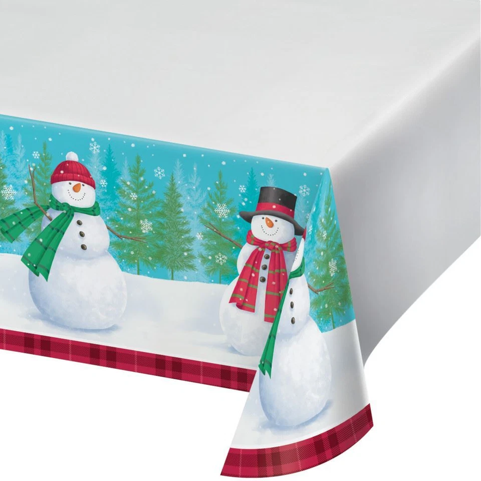 Smiling Snowman Friends Paper Tablecover 54 x 102 Border Print  - Image 1 of 3