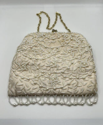 Bolso sin asas floral vintage de vidrio blanco con cuentas a mano correa dorada nupcial Foto 1 de 4