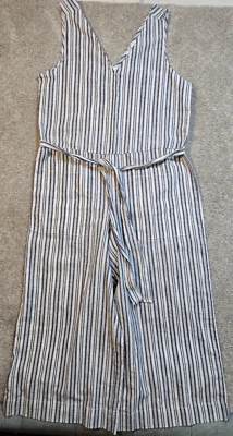 BeachLunchLounge 条纹绑带亚麻棉质连身裤女式 M 码 — 第 1/4 张图片