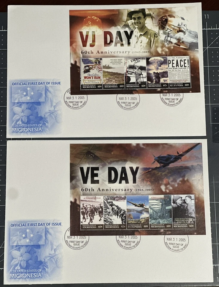 MICRONESIA 2005, 2 Large FDC + STAMP SHEETS, END OF WORLD WAR ll SC 637-8 CV$12 - Image 1 of 1