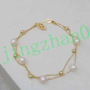 7.5-8" Charming Natural Round 6-7mm South Sea White Pearl Bracelet 14k Gold P - Picture 1 of 5