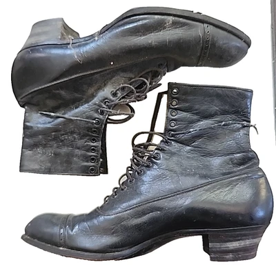 Botas Victorianas Antiguas Zapatos Damas Con Cordones Cuero Marrón Tacón Zapatos Foto 1 de 4