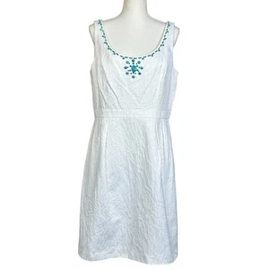 Studio 1 Dress Size 14 White Embellished Blue Beads Cotton Blend Coastal Classic - Picture 1 of 12