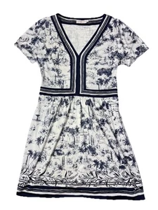 Tory Burch 100% Silk Toile De Jouy Ivory Navy Blue Mini Dress Sz M - Picture 1 of 16
