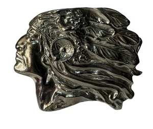 Vintage Native American Indian Chief With Head Dress Silver Belt Buckle - Picture 1 of 7