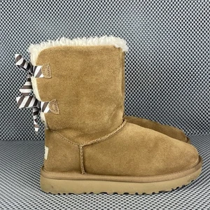 UGG Bailey Bow II Boots Womens Size 5 Brown Leather Sheepskin Pull On Winter - Picture 1 of 9