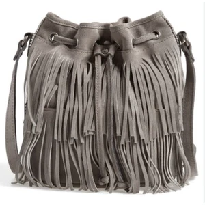 Patricia Nash Bronte Fringe Bucket Bag Gray Suede Boho Western Cinch Closure - Picture 1 of 8