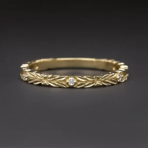 NATURAL DIAMOND ENGRAVED WEDDING BAND STACKING RING 14k GOLD VINTAGE STYLE - Picture 1 of 3
