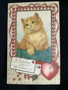 Vintage Cats Kittens postcard embossed Valentine’s Day hearts border antique - Picture 1 of 2
