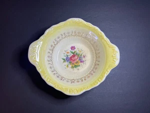 Vintage Cronin Minerva Ohio Yellow Ceramic Floral Print Bowl w/ Built in Handles - Picture 1 of 10