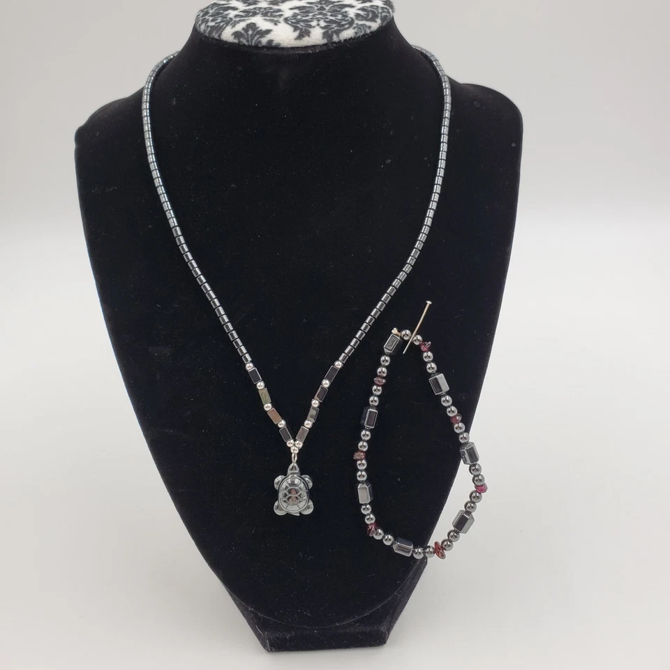Hematite Turtle Necklace (17.5") and 7" Stretch Bracelet w/ Purple Stones Set - Image 1 of 4