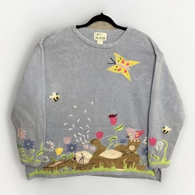 Vintage Quaker Factory 2X Bunny Sweater Blue Easter Embroidered Spring Rabbit - Image 1 of 4