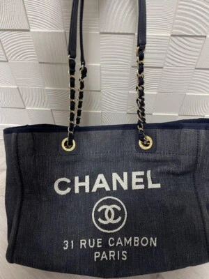 Chanel Deauville MM Tote Bag Dark Navy Shopping Shoulder Mother Purse Auth Mint - Image 1 of 4