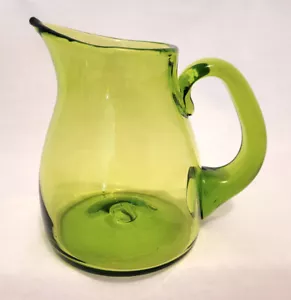 Vintage 12 oz Hand Blown Green Glass Pitcher 4 1/2" Tall Applied Handle VG, Cute - Picture 1 of 6